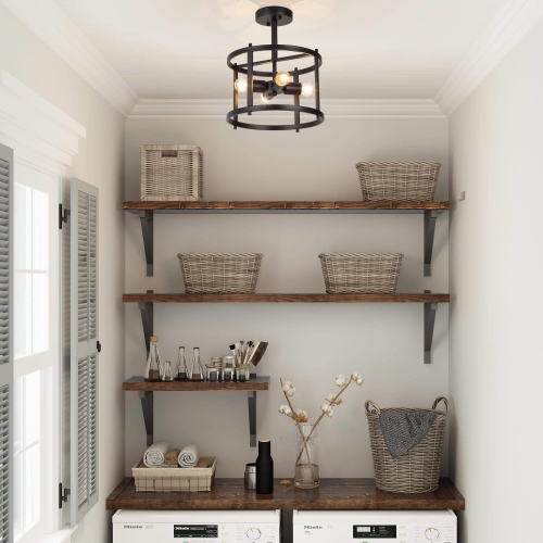 Modern Farmhouse 4-Light Metal Black Drum Semi-flush Mount Foyer Lights