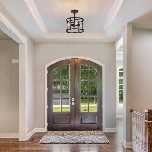 Modern Farmhouse 4-Light Metal Black Drum Semi-flush Mount Foyer Lights