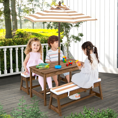Gymax Kids Wood Picnic Table and Bench Set w/ Cushions Umbrella for Indoor Outdoor