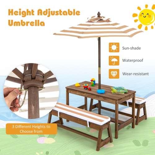 Gymax Kids Wood Picnic Table and Bench Set w/ Cushions Umbrella for Indoor Outdoor