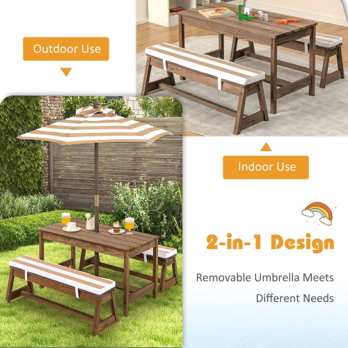 Gymax Kids Wood Picnic Table and Bench Set w/ Cushions Umbrella for Indoor Outdoor