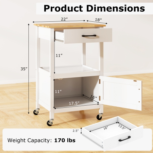 Gymax Small Kitchen Island on Wheels Mobile Trolley Cart Barn Door Drawer Hooks