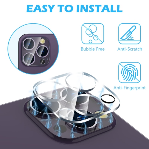 Paquet de 3 protecteurs d’objectif pour iPhone 14 Pro 6.1 po/iPhone 14 Pro Max 6.7 po, film en verre trempé 9H avec anneau anti-flash, transparent