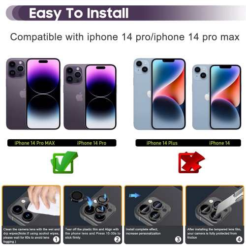 Protecteur objectif 14 Pro 6.1 po/14 Pro Max 6.7 po iPhone, étui en verre trempé pour iPhone 14 Pro Max/pour iPhone 14 Pro Glitter Diamonds - Noir