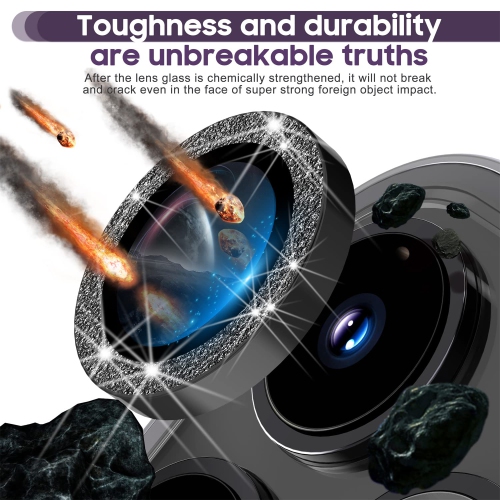 Protecteur objectif 14 Pro 6.1 po/14 Pro Max 6.7 po iPhone, étui en verre trempé pour iPhone 14 Pro Max/pour iPhone 14 Pro Glitter Diamonds - Noir