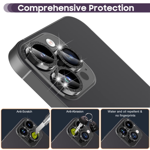 Protecteur objectif 14 Pro 6.1 po/14 Pro Max 6.7 po iPhone, étui en verre trempé pour iPhone 14 Pro Max/pour iPhone 14 Pro Glitter Diamonds - Noir