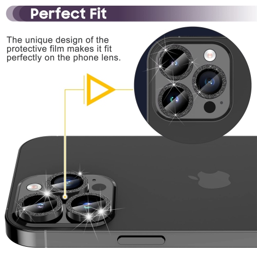 Protecteur objectif 14 Pro 6.1 po/14 Pro Max 6.7 po iPhone, étui en verre trempé pour iPhone 14 Pro Max/pour iPhone 14 Pro Glitter Diamonds - Noir