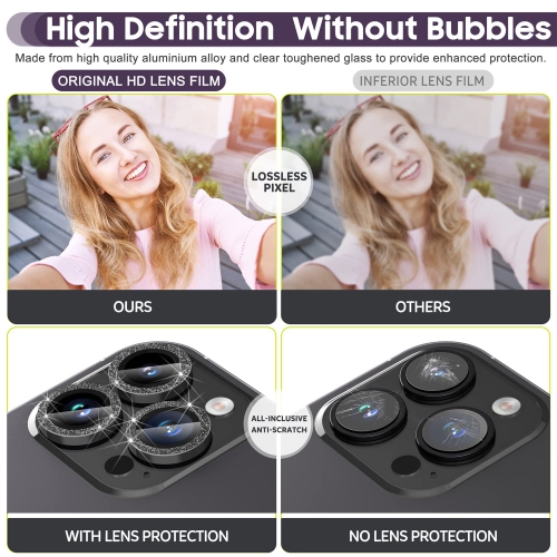 Protecteur objectif 14 Pro 6.1 po/14 Pro Max 6.7 po iPhone, étui en verre trempé pour iPhone 14 Pro Max/pour iPhone 14 Pro Glitter Diamonds - Noir