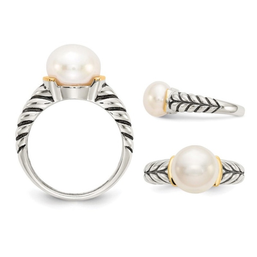 9.5-10mm Cultured Freshwater Pearl Ring in Sterling Silver with 14K Gold Accents