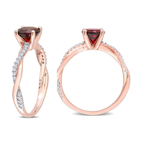 Bague en or rose 14 ct avec diamants et grenat rond de 1.30 ct