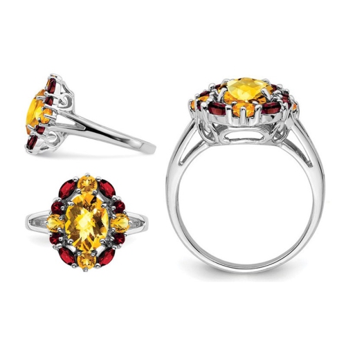 Bague en argent sterling avec citrine 1.60 ct et grenats