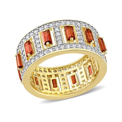 2.41 Carat Baguettte Garnet Eternity Band Ring in Yelllow Plated Silver with White Topaz