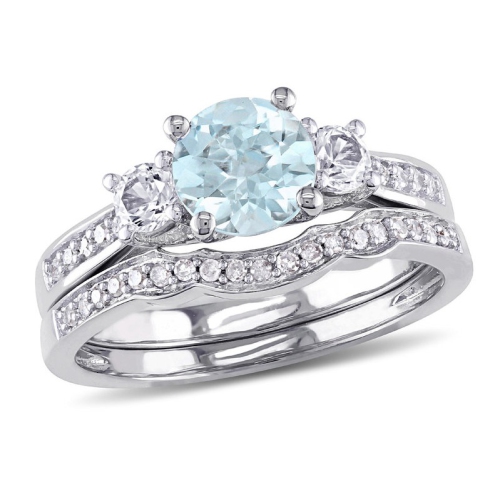 1.00 Carat Aquamarine & Created White Sapphire Engagement Ring & Wedding Band Set with Accent Diamonds, 10K White Gold