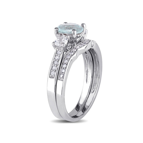 1.00 Carat Aquamarine & Created White Sapphire Engagement Ring & Wedding Band Set with Accent Diamonds, 10K White Gold