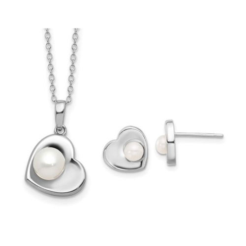 Sterling Silver Freshwater Cultured Heart Pearl Earrings and Pendant Necklace Set