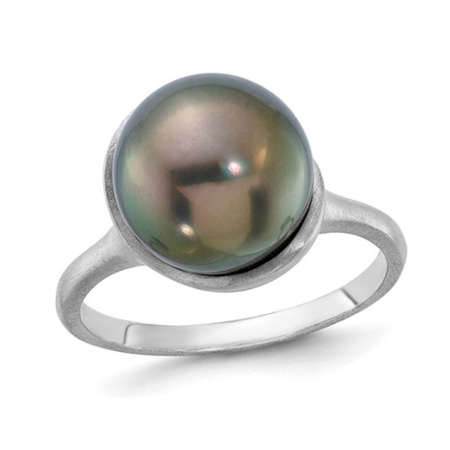 GEM AND HARMONY  14K Gold Black Tahitian Pearl Ring 10-11MM In White