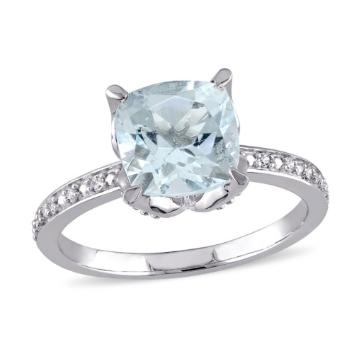 GEM AND HARMONY  1.75 Carat (Ctw) Aquamarine Cushion-Cut Ring In 10K Gold With Diamonds In White