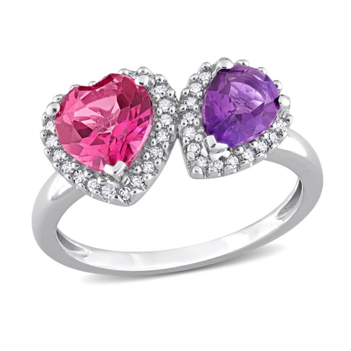 GEM AND HARMONY  2.10 Carat (Ctw) African Amethyst And Pink Topaz Heart Ring In 14K Gold With Diamonds In White