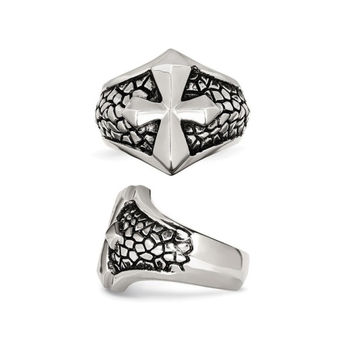 Mens Textured Cross Ring in Stainless Steel
