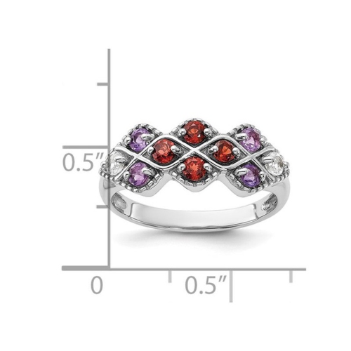 Bague en argent sterling, améthyste 7/8 carats, grenat et topaze blanche