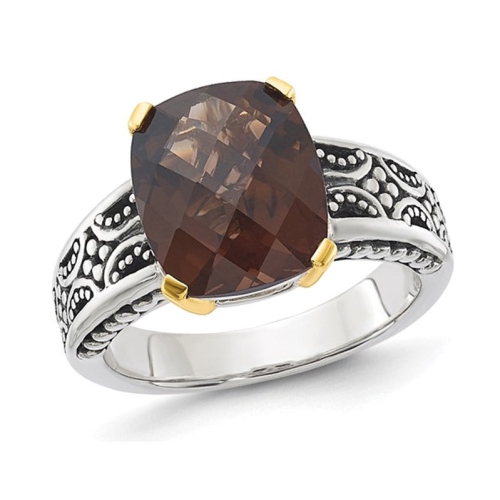 4.87 Carat Checkerboard Smoky Quartz Ring in Antiqued Sterling Silver