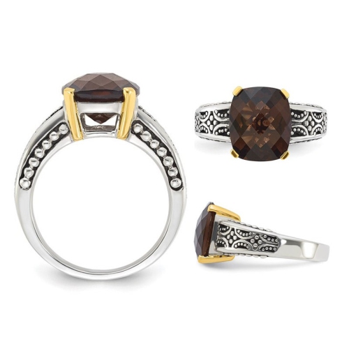 4.87 Carat Checkerboard Smoky Quartz Ring in Antiqued Sterling Silver