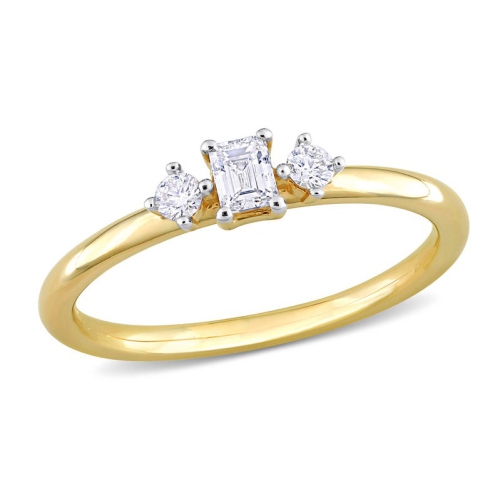 Bague en or jaune 14 ct avec trois diamants taille émeraude taille émeraude 1/4 ct I1-I2, H-I