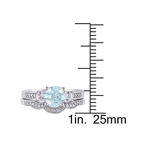 Bague fiançailles/alliance saphir blanc synthétique/aigue-marine 1.00 carats/diamants décoratifs/or blanc 10 ct