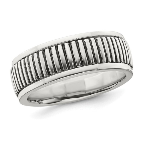 GEM AND HARMONY  Mens Oxidized Patterned Sterling Ring (8Mm) In Silver