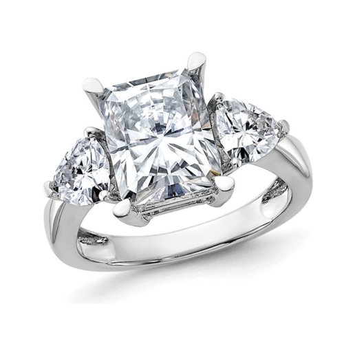 GEM AND HARMONY  4.45 Carat (Ctw Color E-F) Synthetic Moissanite Three-Stone Emerald-Cut Engagement Ring In 14K Gold In White