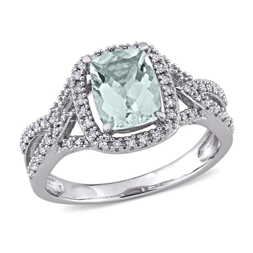 GEM AND HARMONY  1.12 Carat (Ctw) Aquamarine Cushion-Cut Ring In 10K Gold With Diamonds In White