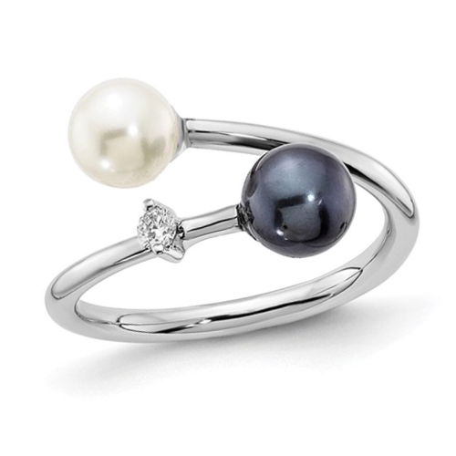 Bague en or blanc 14 K avec perle d’eau salée noire et blanche