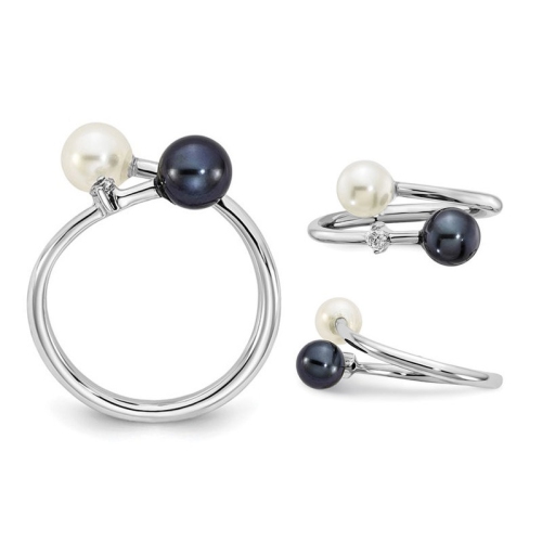 Bague en or blanc 14 K avec perle d’eau salée noire et blanche