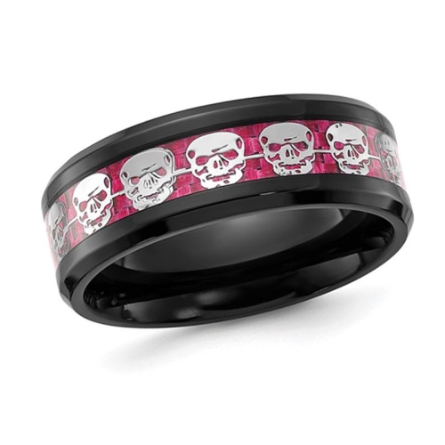 GEM AND HARMONY  Mens Skull Pink Carbon Fiber Ring In Stainless Steel (8Mm) In Black