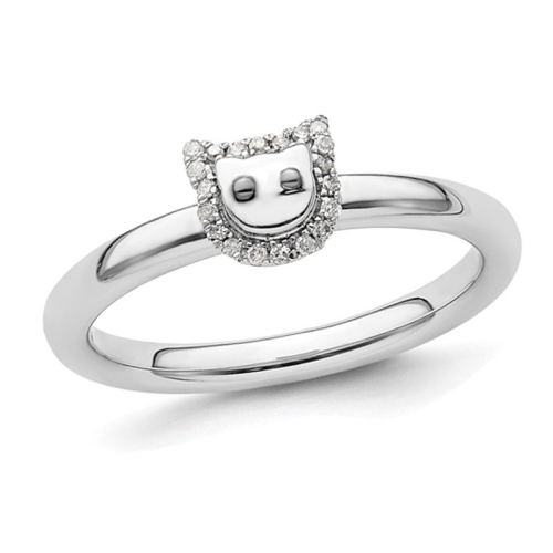 GEM AND HARMONY  Sterling Kitty Cat Ring With Accent Diamonds In Silver