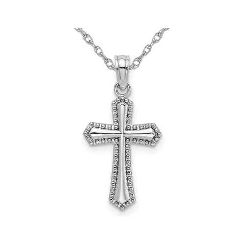 GEM AND HARMONY  14K Gold Beaded Trim Cross Pendant Necklace With Chain In White