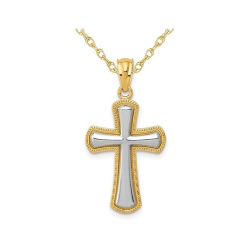 GEM AND HARMONY  14K And White Gold Cross Pendant Necklace With Chain In Yellow