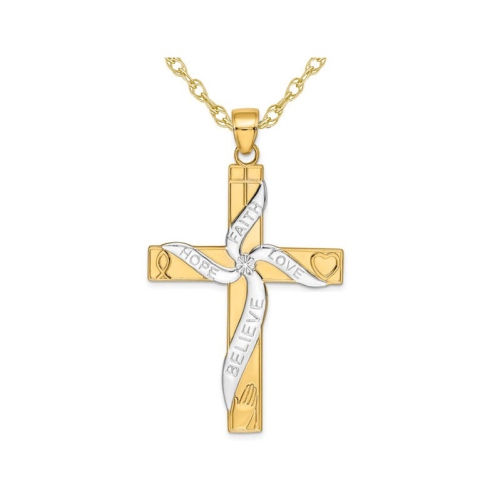 GEM AND HARMONY  14K Gold Hope Faith Love Believe Cross Pendant Necklace With Chain In Yellow