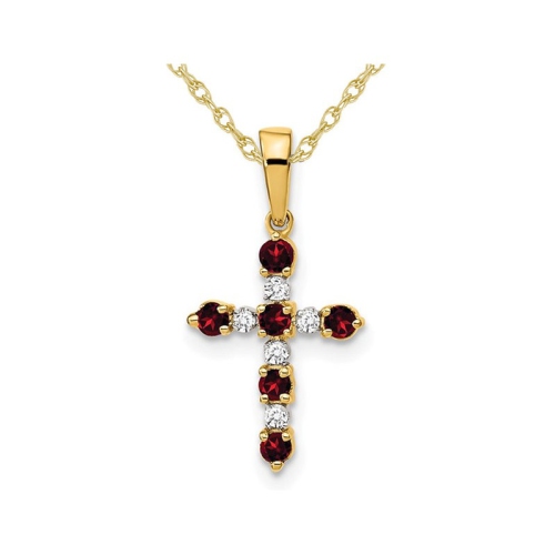 GEM AND HARMONY  1/4 Carat (Ctw) Garnet Cross Pendant Necklace With Accent Diamonds In 14K Gold With Chain In Yellow