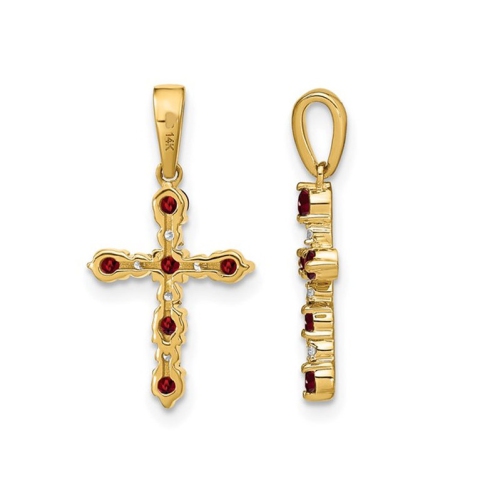 1/4 Carat Garnet Cross Pendant Necklace with Accent Diamonds in 14K Yellow Gold with Chain