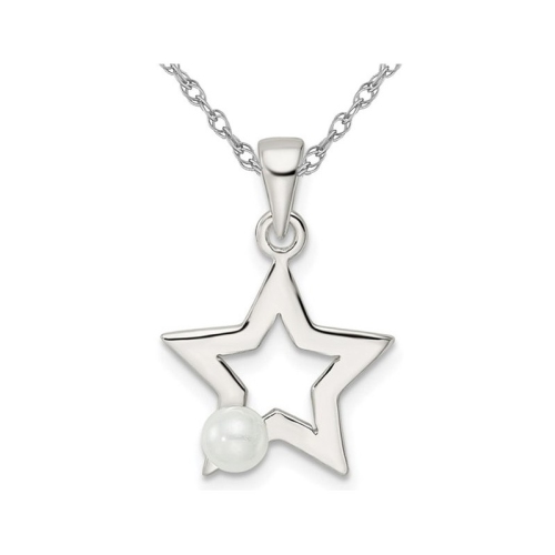 GEM AND HARMONY  Sterling Star Charm Pendant Necklace With Simulated Pearl And Chain In Silver