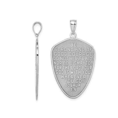 14K White Gold Cross Shield with Joshua 1:9 On Reverse Pendant Necklace with Chain