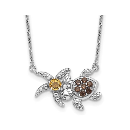 Sterling Silver Genuine Citrine and Smoky Quartz Turtle Starfish Necklace