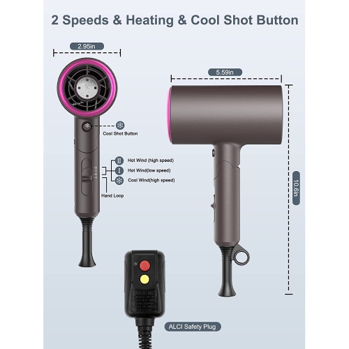 1800W Professional Negative Ions Hair Blow Dryer with 3 Heating/2 Speed/Cold Settings, 2 Nozzles and 1 Diffuser, Foldable Blow Dryer for Home,