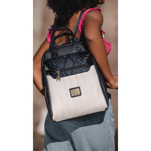 Cavalinho Grace Backpack - White and Navy - Leather and Canvas