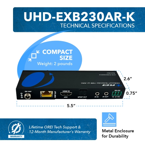 4K UHD HDMI Extender With HDBaseT Over CAT5e/6/7 Supports ARC & Bi-Directional IR Control up to 230 Ft