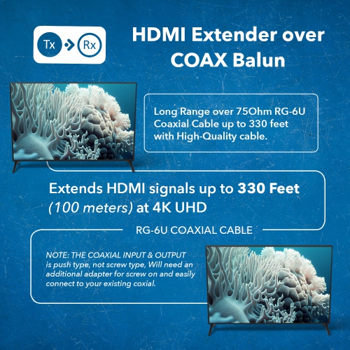4K HDMI Over Coaxial Extender up to 330 Feet - 4K@60Hz Over 75 Ohm RG-6 Copper Coaxial Cable - Bidirectional IR Control, Audio Out