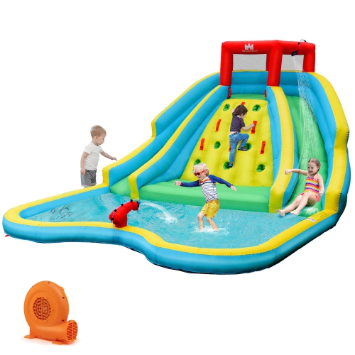 GYMAX  Inflatable Mighty Water Park Bouncy Splash Pool Climbing Wall With 750W Blower
