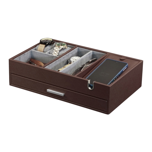 Arolly Multi-Functional Leatherette Valet Tray Dresser with Pull Out Drawer for Phone, Coins, Watches, Jewelry, Cufflinks, Keys and Other