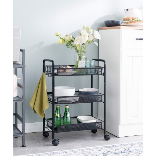 3-Tier Rolling Storage Rack Cart Organizer, Utility Mobile Metal Mesh Trolley with Wire Basket Shelving, Cart on Wheels for Kitchen Office Bathroom,